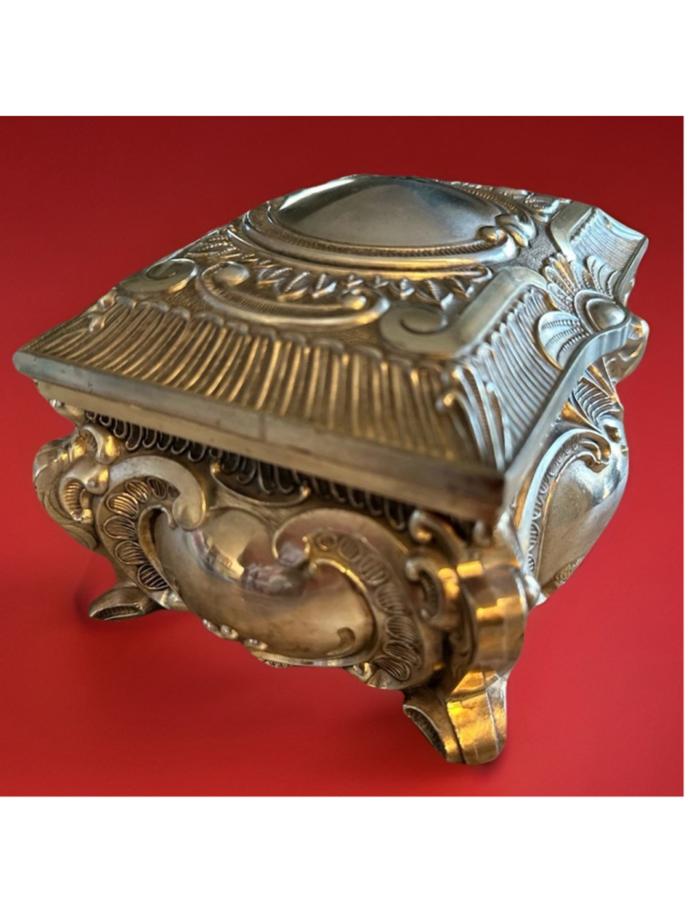 Vintage Art Nouveau Silverplate Victorian Ornate 6” Jewely Box Hinge Lined Heavy